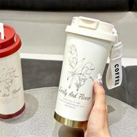 500ml Dual Drink Vacuum Flask with Straw Insulated Coffee Cup Thermal Water Bottle 316 Stainless Steel Women Flower Coffee Mug