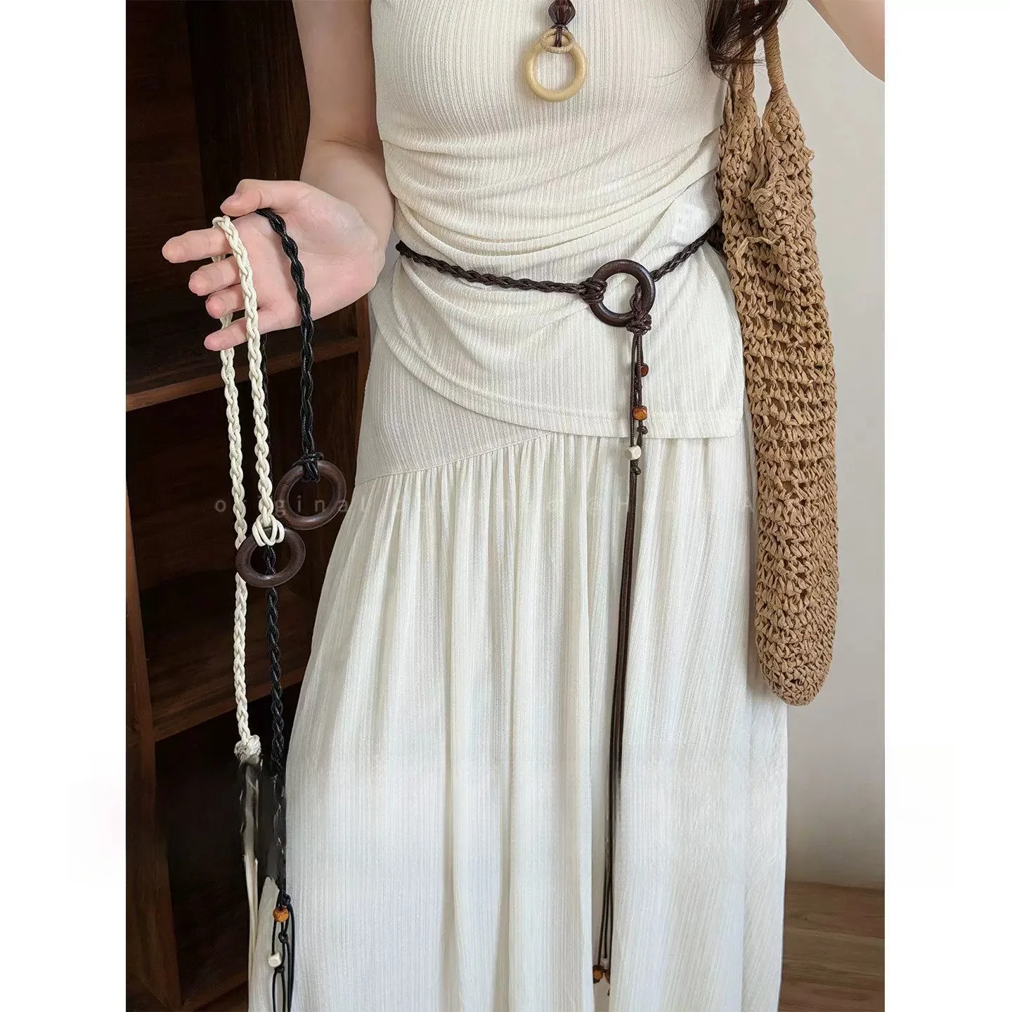 Bohemian Wooden Ring Waist Chain Women's Simple Versatile Belt for Dress Retro Accessory Three-Strand Woven Children's Waist ...