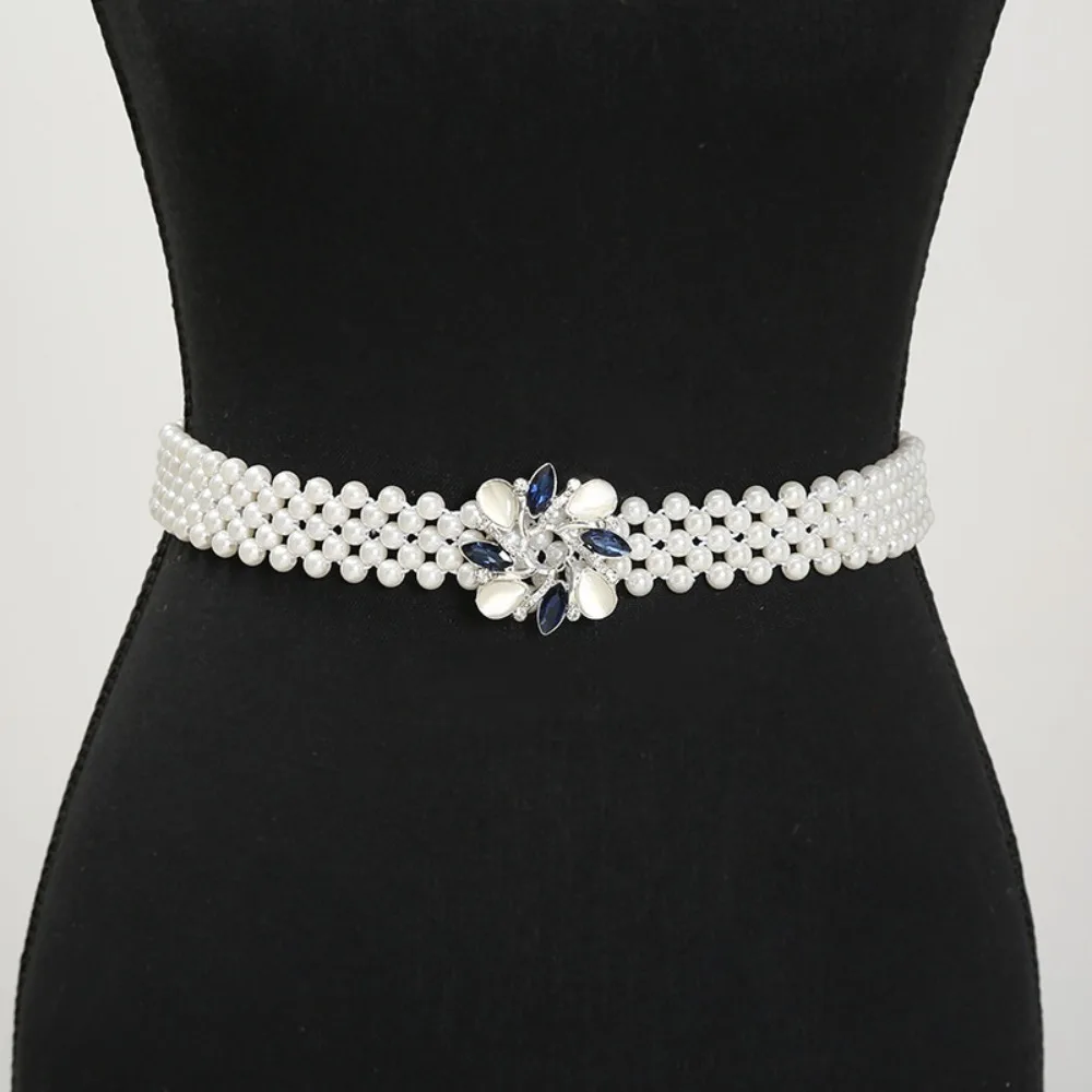 Sweet Bling Pearl Waist Belt Wide Metal Buckle Elastic Waistband Long Chain Rhinestone Women Waist Belt Dress