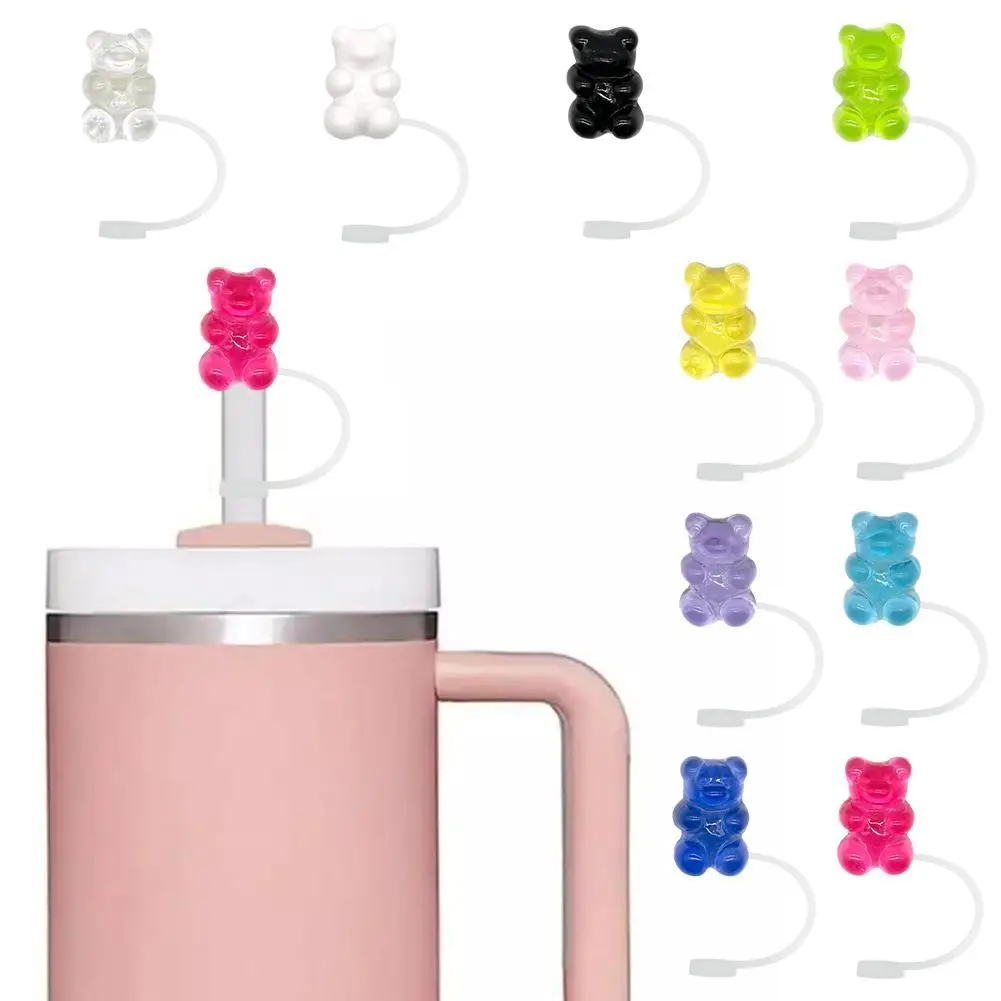 1pcs 8mm Acrylic 3D Colorful Bear Silicone Straw Topper For Girl Tumbler Cup Straw Cover Accessories Dust-proof Party Supplies