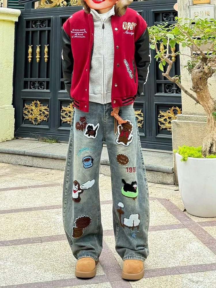 

American High Street Retro Cartoon Embroidered Jeans Men Women Design Sense Wide Leg Straight Micro Flared Long Trousers