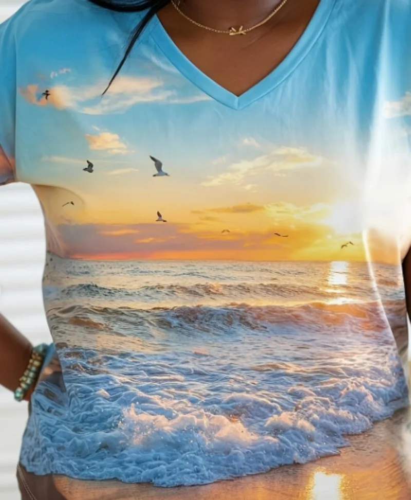 حجم كبير 1XL-5XL المرأة موضة الخامس الرقبة تي شيرتات قصيرة الاكمام السيدات عادية تي شيرتات قصيرة الاكمام بلايز #4