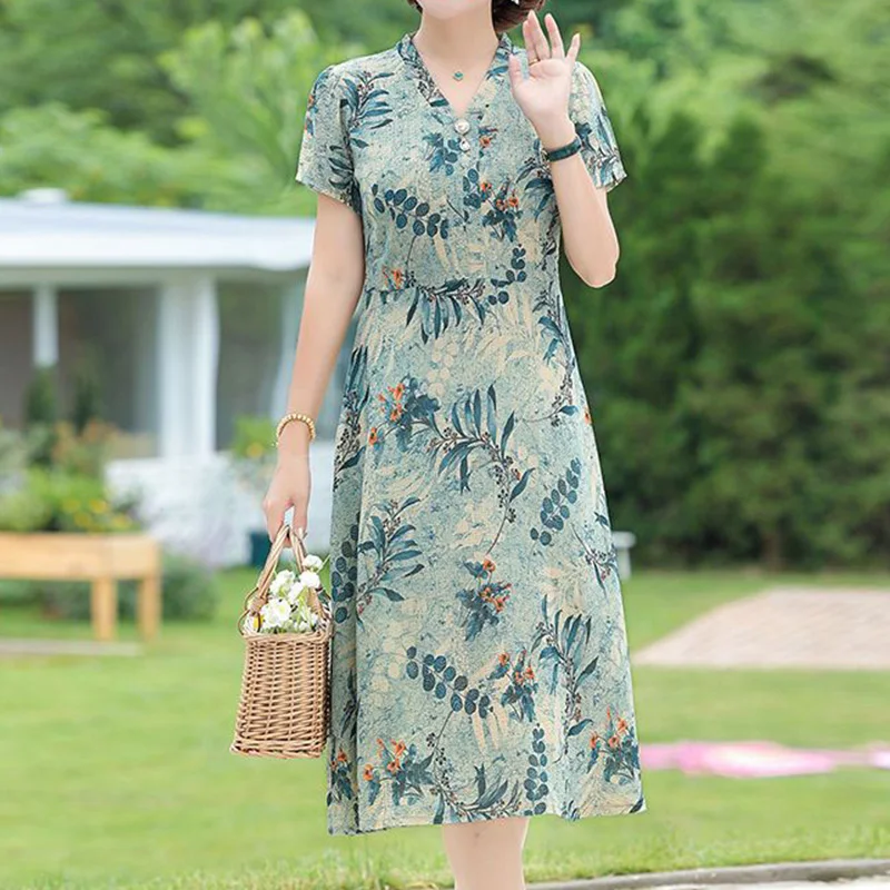 

Summer Vintage Printed Embroidered Flares V-neck Loose Fitting Prairie Chic Patchwork Short Sleeve Middle Length A-line Dresses