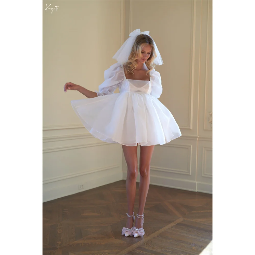 

Customized Simple White Mini Skirt Square Neck Wedding Dress Short Puffy Sleeves vestidos de novia Fairy Ball Gown After Party