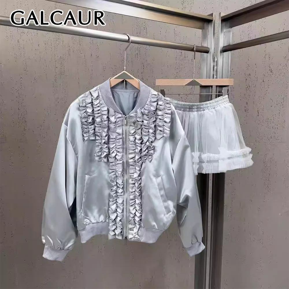 

GALCAUE Solid Loose Two Piece Sets for Women Round Neck Long Sleevs Spliced Pockets Top Patchwork Elastic Waist Skirt Set Female