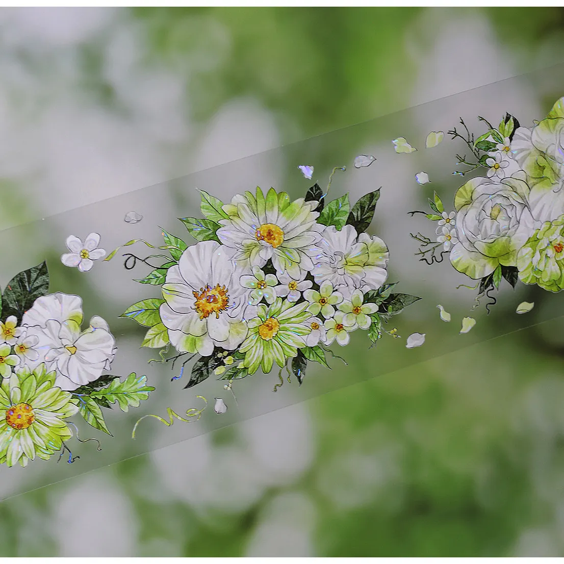 Fresh Green Floral Washi Tape, Botanical Flower Design, DIY Journal Scrapbooking Decorative Adhesive Sticker for Hand Account
