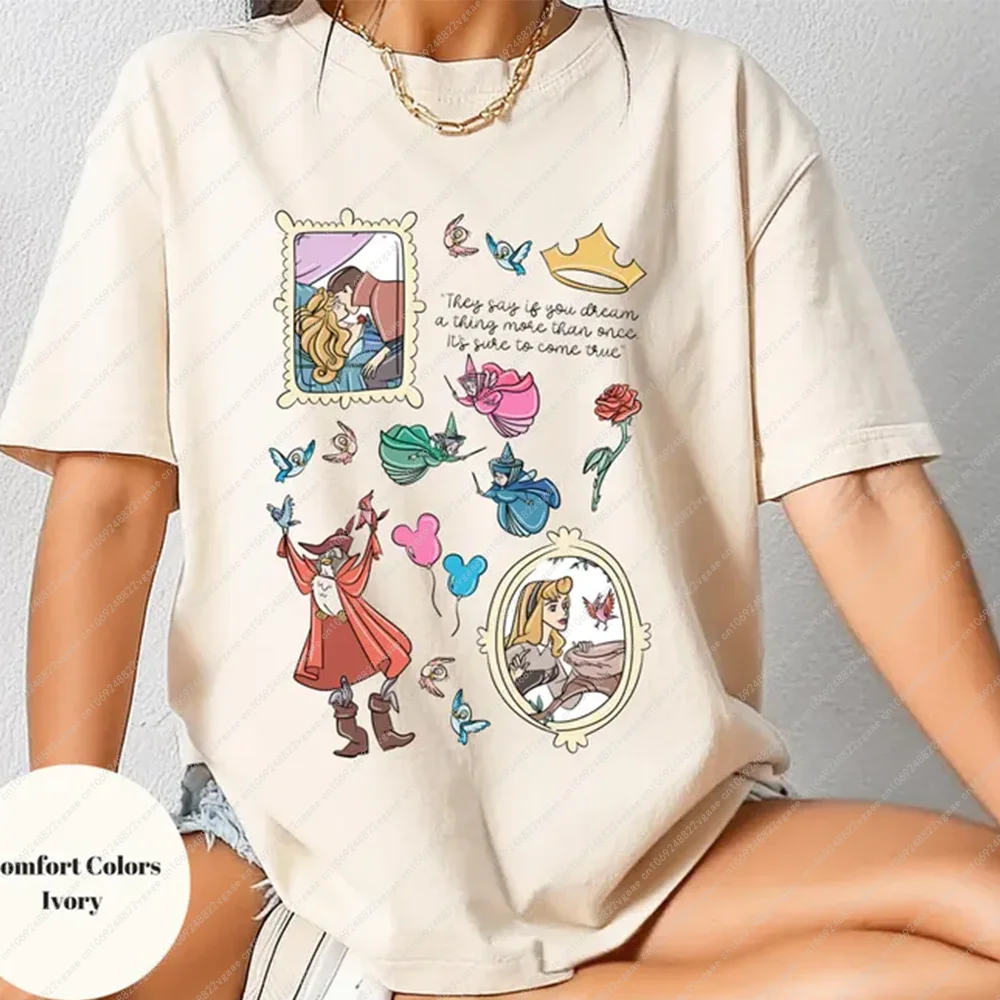 Camiseta cómoda de Príncipes Aurora Bella Durmiente de Disney, Top de princesa Bella Durmiente Y2k, ropa de algodón para adultos, camiseta de sueño más salvaje