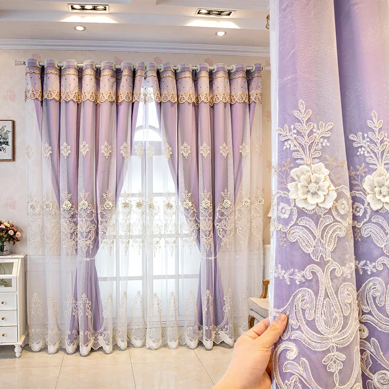 ヨーロッパの高級二層遮光カーテン寝室の窓レリーフ刺繍花布カーテン + ボイルカーテン家の装飾