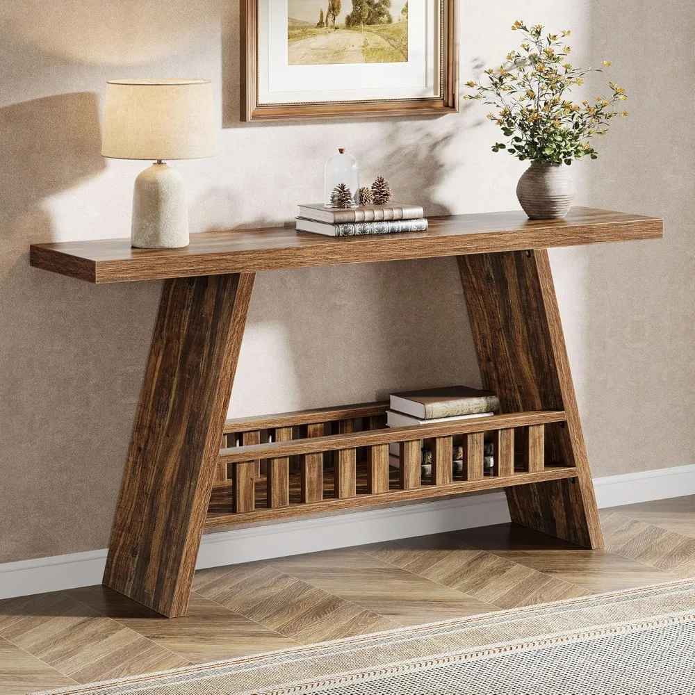

63-Inch Long Console Table, Farmhouse 2-Tier Narrow Sofa Table Behind The Couch for Living Room, Entryway, Hallway, R