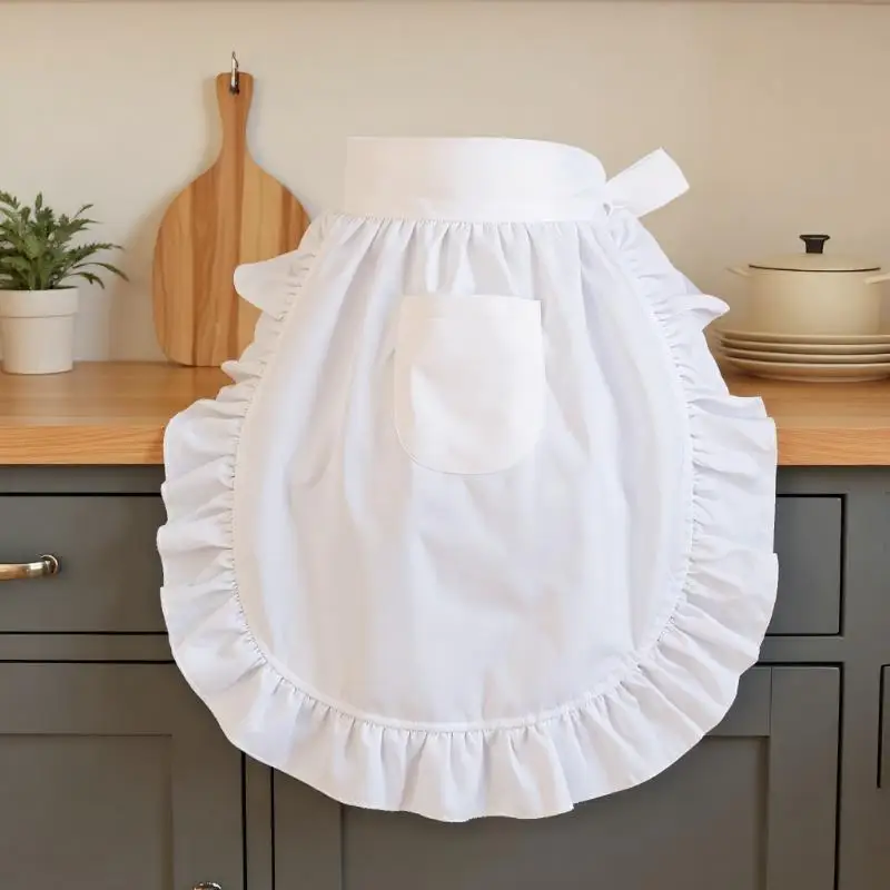 女性用ハーフ丈キッチンエプロン、ショートロリータメイド風セクシーレース、黒白ビブ、ビューティーフラワー、コーヒーショップ、ピナフォア、ホームワーク用