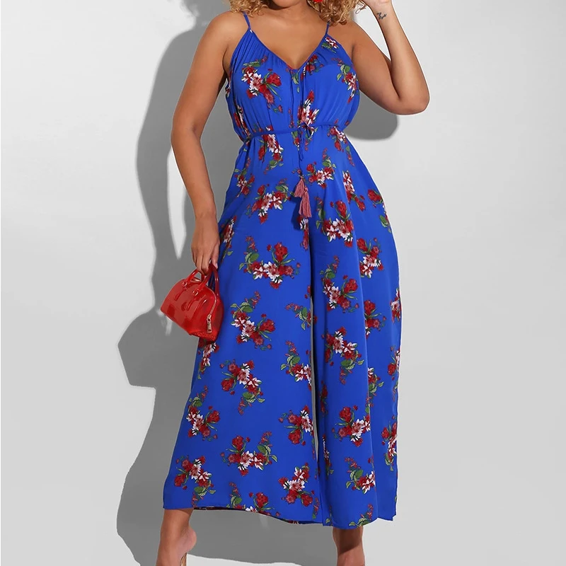 2023 New Floral Print Suspenders V-neck Loose Wide-leg Jumpsuit Sleeveless Wide-leg Jumpsuit High Waist Loose One-piece Jumpsuit