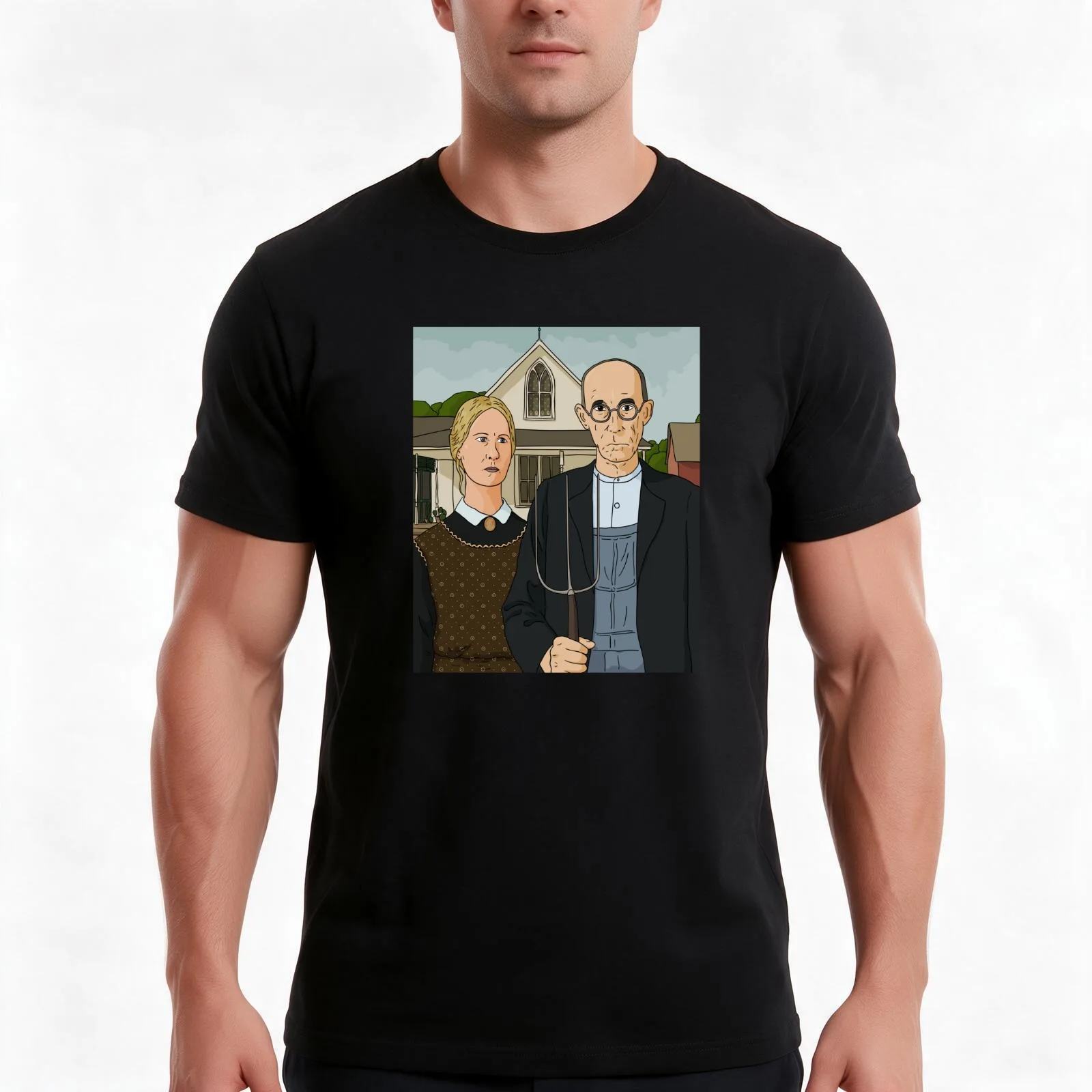 Grant Wood American Gothic Painting Vector art T-Shirt, Summer Casual Cotton Tee, Oversized Streetwear Tops, Unisex Men Women