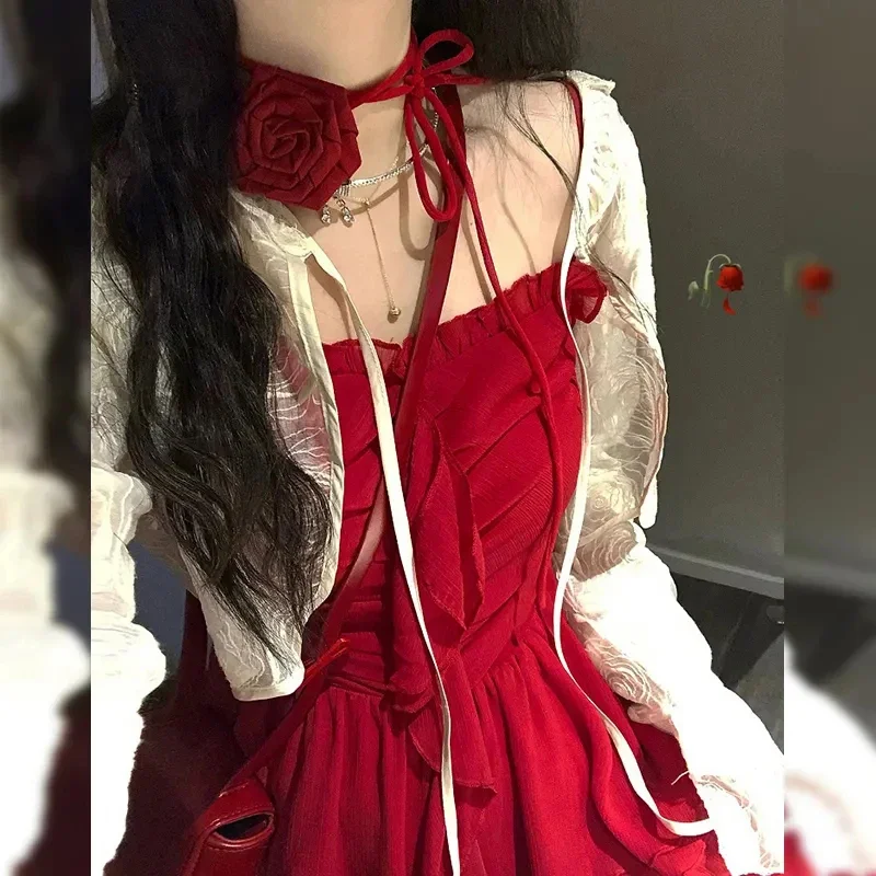 

Summer New Vintage Floral Printed Camis Dress Set Fashion Sexy Ruffles Irregular Dresses and Sweet Cute Lace Up Cardigan Set
