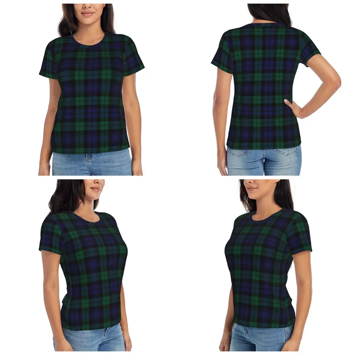Blackwatch Tartan Modern Cute Blue And Green Plaid T-Shirt for Women O-Neck Streetwear T Shirts Women's Short Sleeve