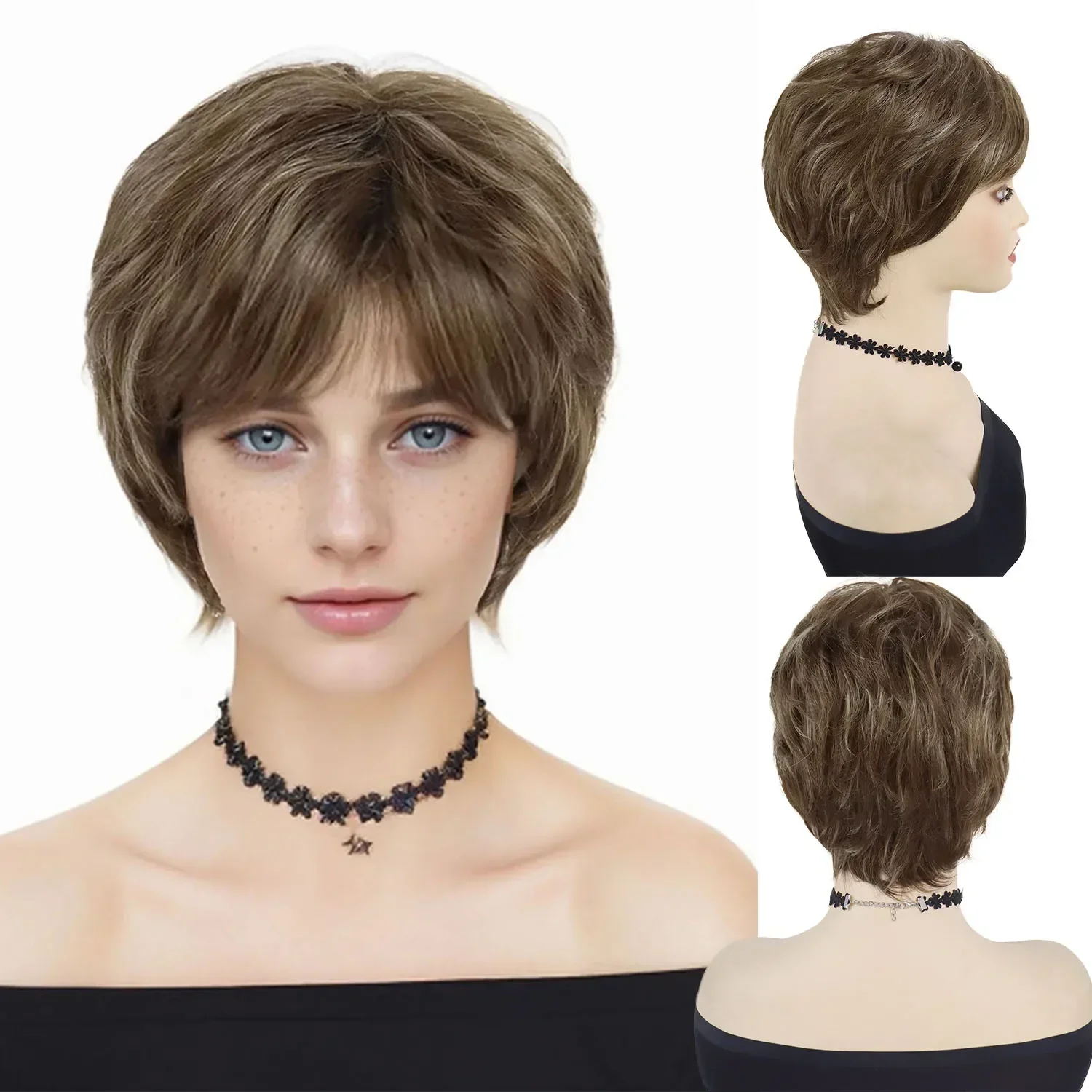 Short Brown Wigs for Men Synthetic Brown Mixed Blonde Highlight Short Wig with Bangs Natural Hairstyles Straight Cuts Mom Wigs