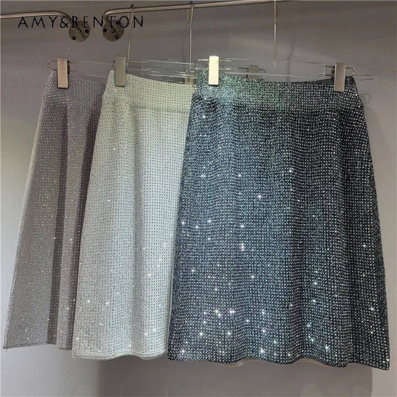 

2026 Spring Summer Y2k Unique Design Skirts Hot Rhinestone Shiny Nightclub Socialite Slim Fit Knitted Bodycon Midi Short Skirt