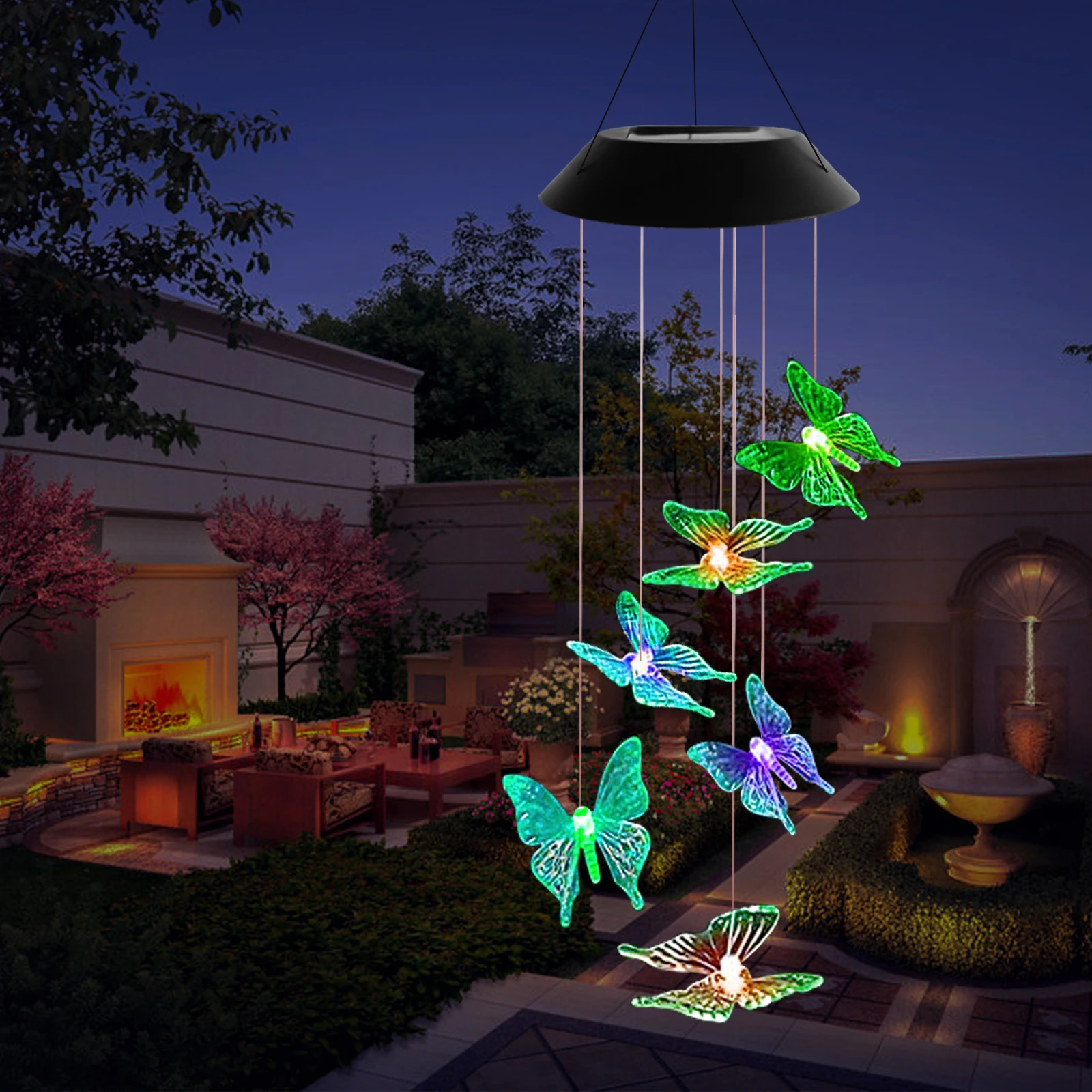 New Gift Solar Powered Mobile Waterproof Outdoor Decor Garden Lights Red Blue Butterfly Led Wind Chimes Outdoor Large Deep Tone