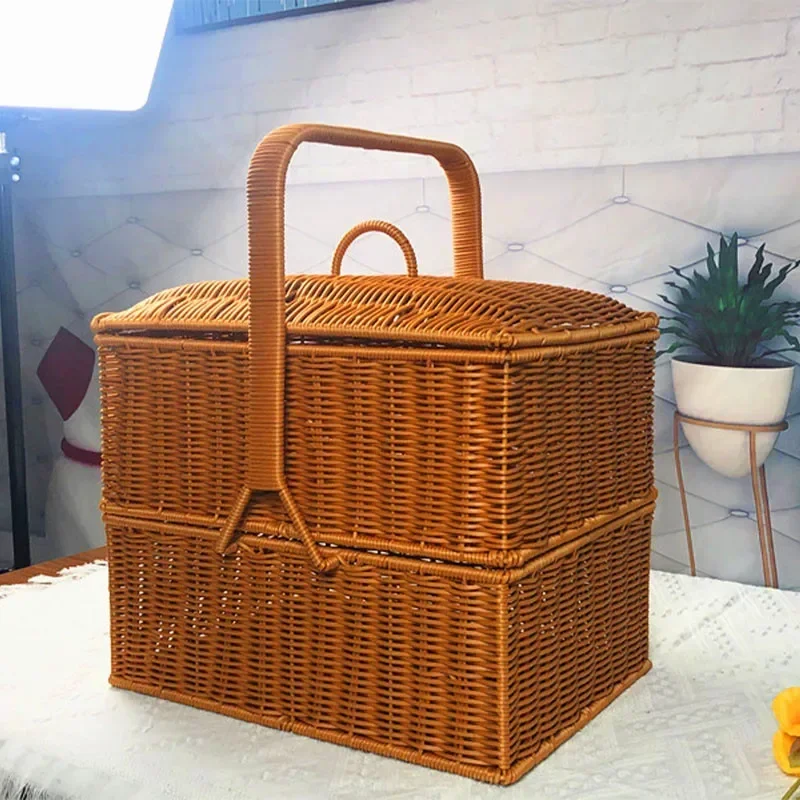 

Hand-made Rattan Storage Basket Double Structure Picnic Basket Dust Proof With Cover Fruits Basket Multi-functional Storage Case