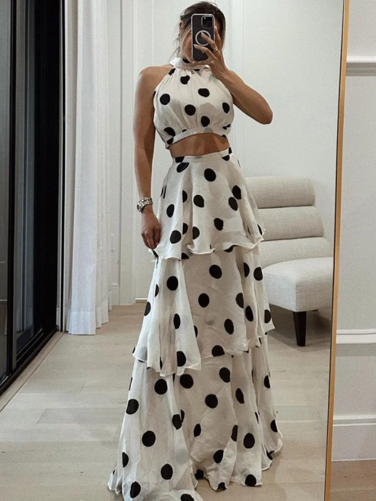 

Короткий топ без рукавов с воротником-стойкой, многослойная длинная юбка в горошек, женский комплект из двух предметов, повседневные элегантные женские модные костюмы для поездок на работу