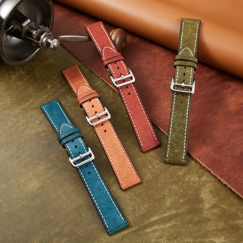 New High End Italian Scrub Vintage Leather Strap Red Brown Yellow Brown Olive Green Genuine Leather 20mm 22mm Accessories