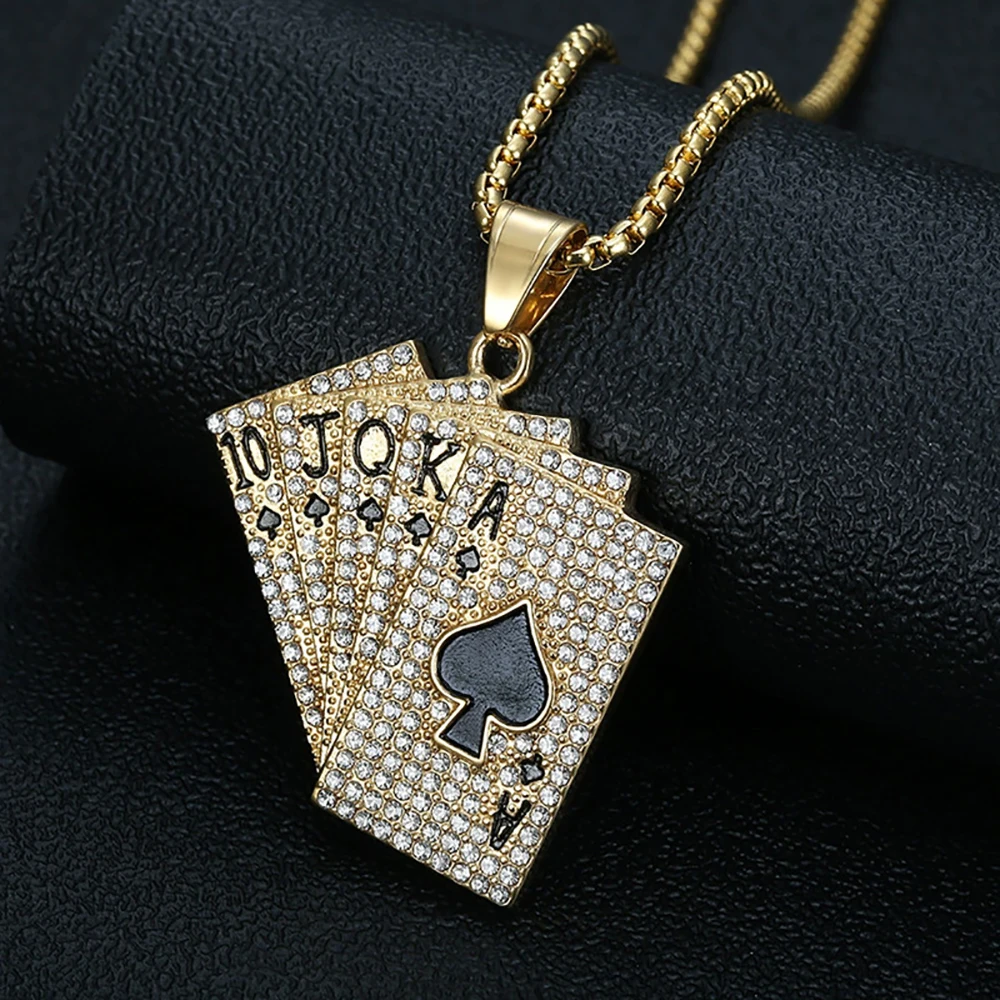 Hip Hop Full Crystal Stainless Steel Poker Card Ace of Spades Pendant Necklace For Men Women Fashion Playing Cards Jewelry Gift