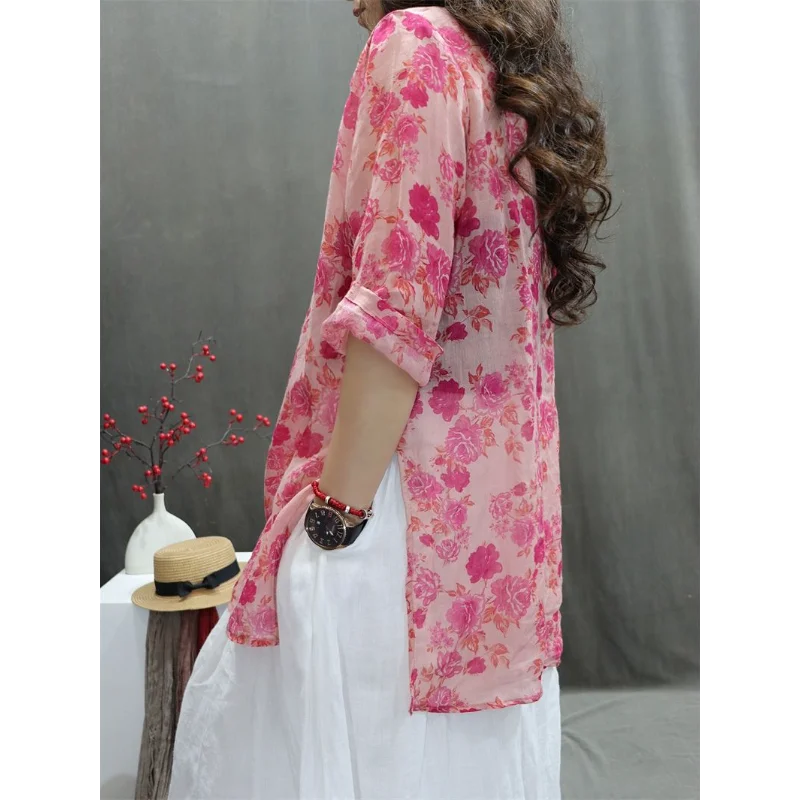 Sommeroberteil für Damen aus Baumwolle und Leinen, neuer Aufdruck, leicht und locker, lässig, vielseitig, mittellanges Hemdoberteil