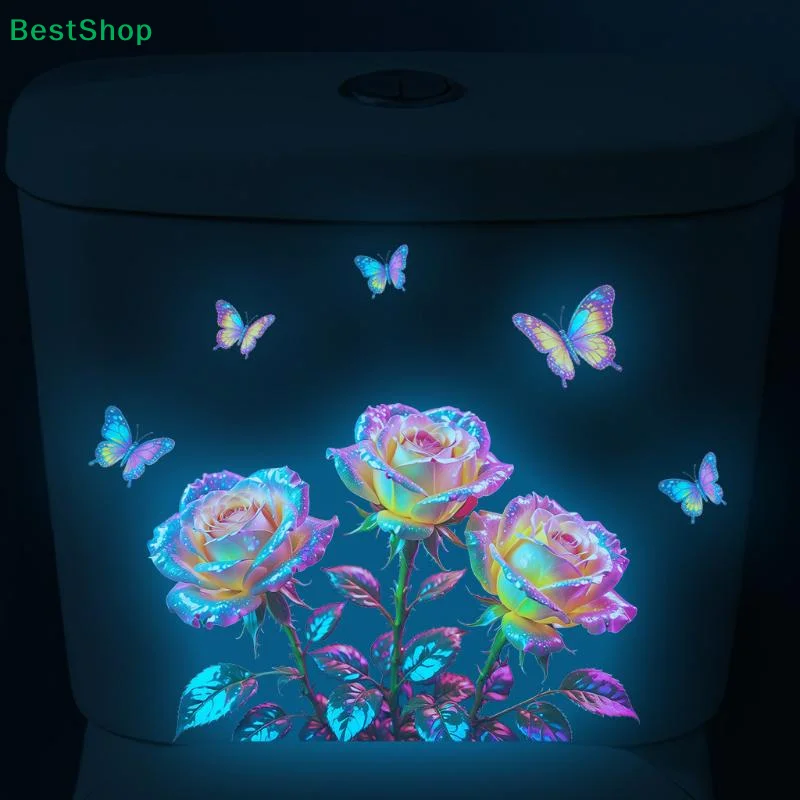 〔R〕Luminous Rose & Butterfly Toilet Decal, Glow in the Dark Floral Wall Sticker for Bathroom WC Decor