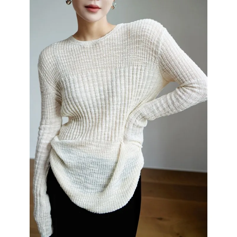 Long Front and Short Back Large Stretch Pit Strip Knitted Temperament Bottoming Shirt Round Neck Long Sleeve Versatile Pullover