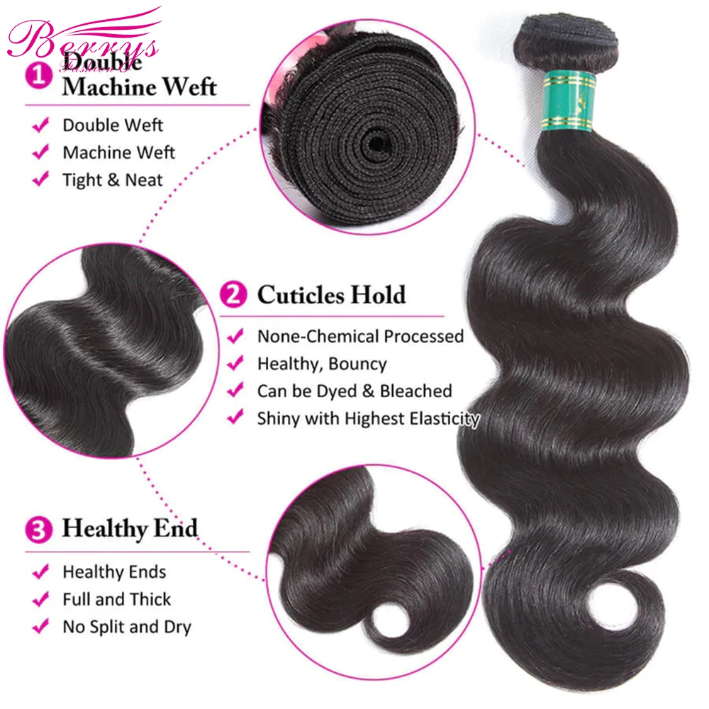 Berrys Fashion 36 Inci Bundel Gelombang Tubuh Bundel Jalinan Rambut Brasil 1/3/4 Buah Bundel Rambut Manusia Warna Alami Rambut Remy