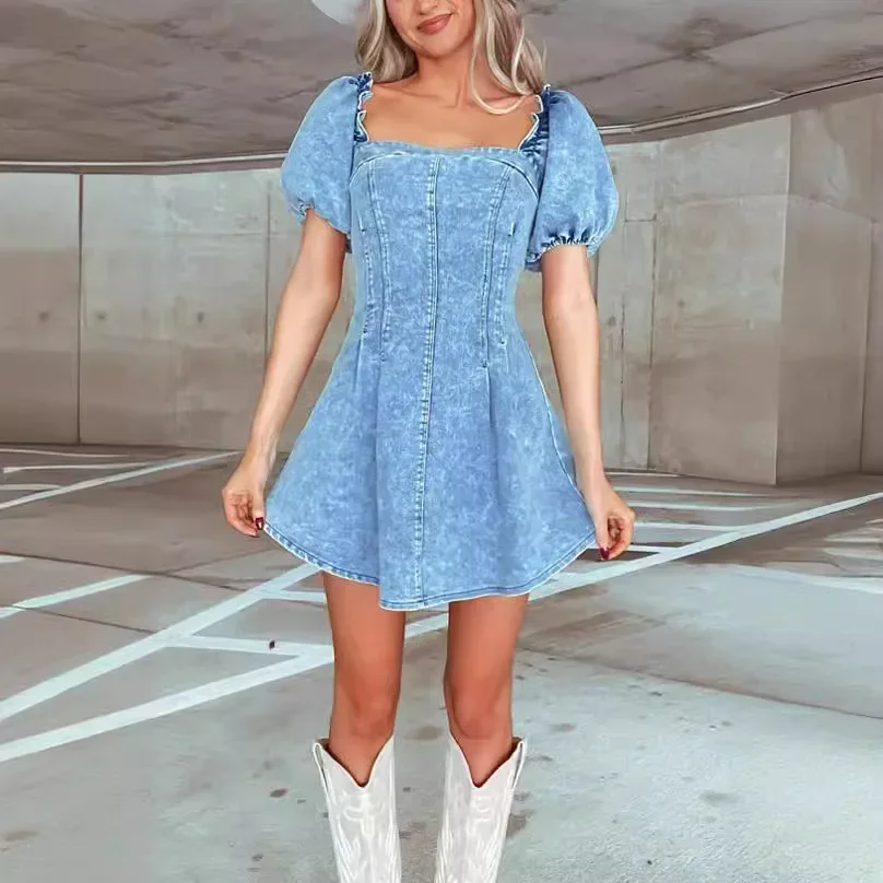 Denim Dress Women Sleeveless Vintage Distressed Mini Dresses Puff Sleeve Backless Cowboy A Line Sexy Female Vestidos Streetwear