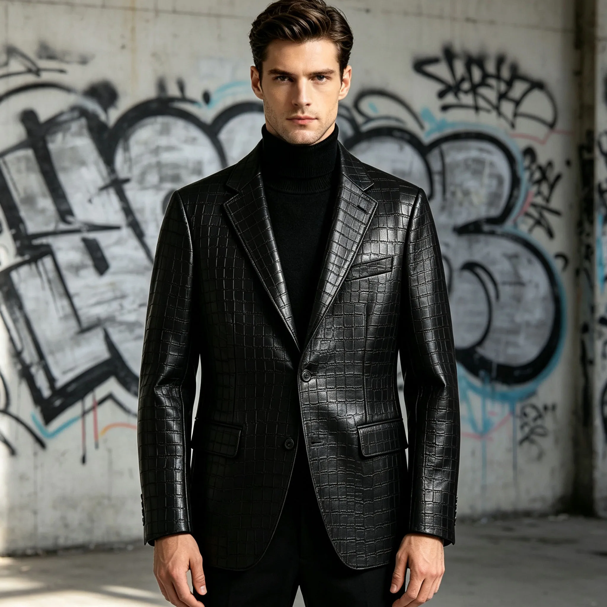 Luxury Men's Brown Crocodile Embossed Leather Blazer Slim Fit 2 Button Formal Plus Size Suit Jacket Business Casual Office Wear