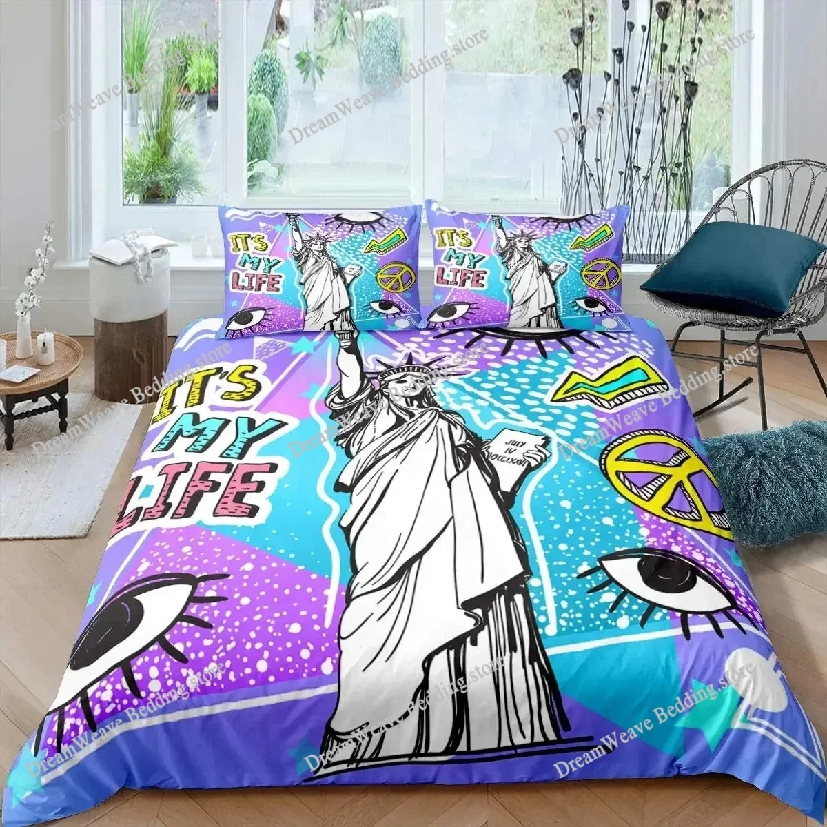 

Statue of Liberty Duvet Cover Hip Hop Full Size Peace Sign Love Heart Bedding Set American Eyes Colorful Polyester Quilt Cover