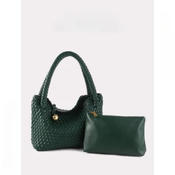ZR DIARY Fashion Woven Bag Women PU Leather Single Shoulder Bag Retro Golden Bead Decor Hand Carry Women's Bag BZ2469