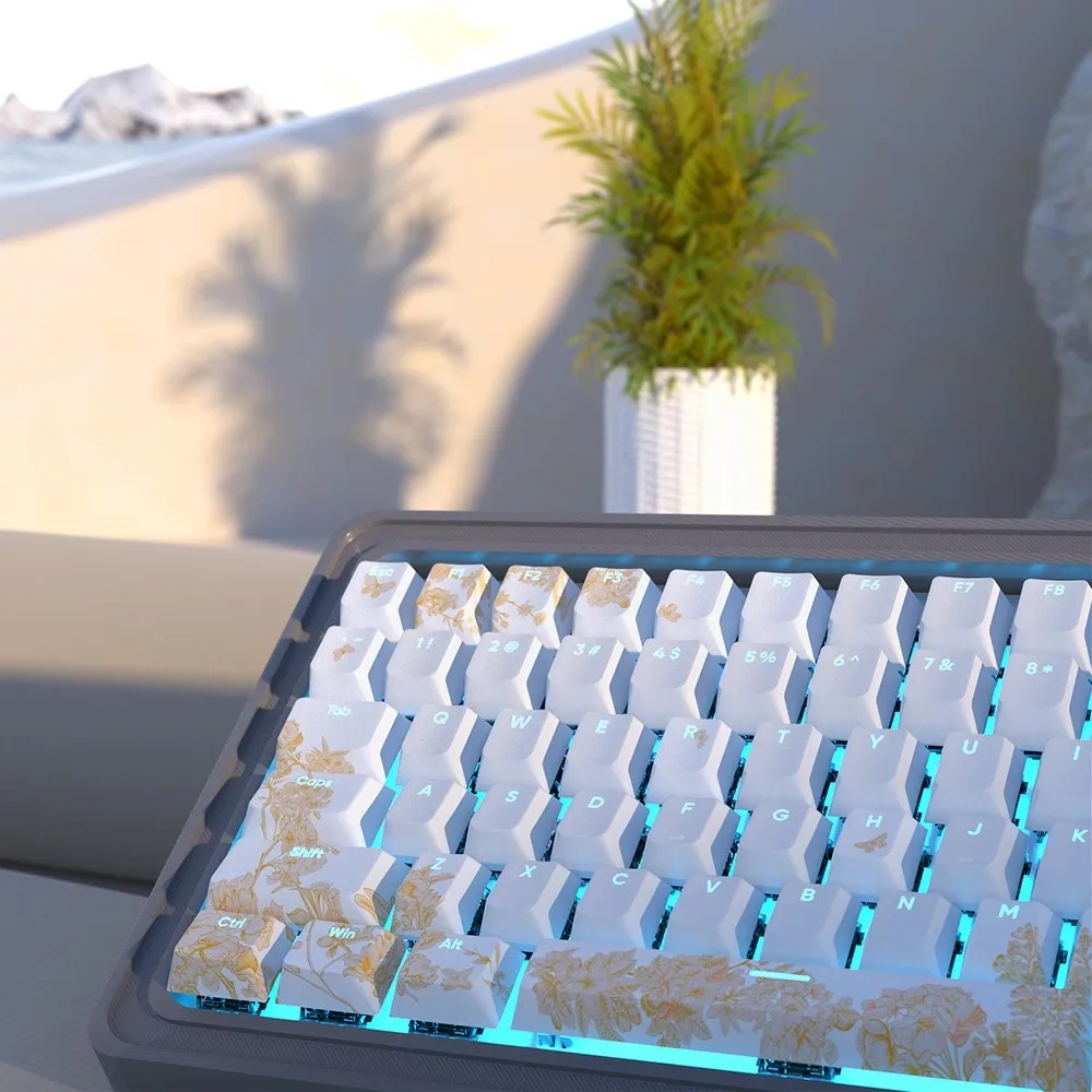 Embroidered Translucent Keycap Set Cherry Profile 135 Keys PBT Dye Sublimation Fit 61%-108% Key Caps for Mechanical Keyboards