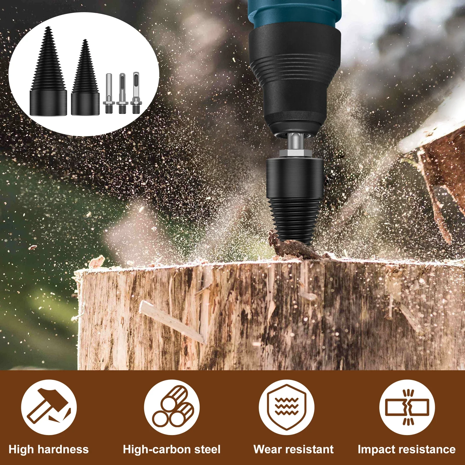 2Pcs Firewood Log Splitter 32mm 42mm High-Carbon Steel Wood Log Drill Bit with Hex/Round/Square Shank Titanium Coated Sturdy