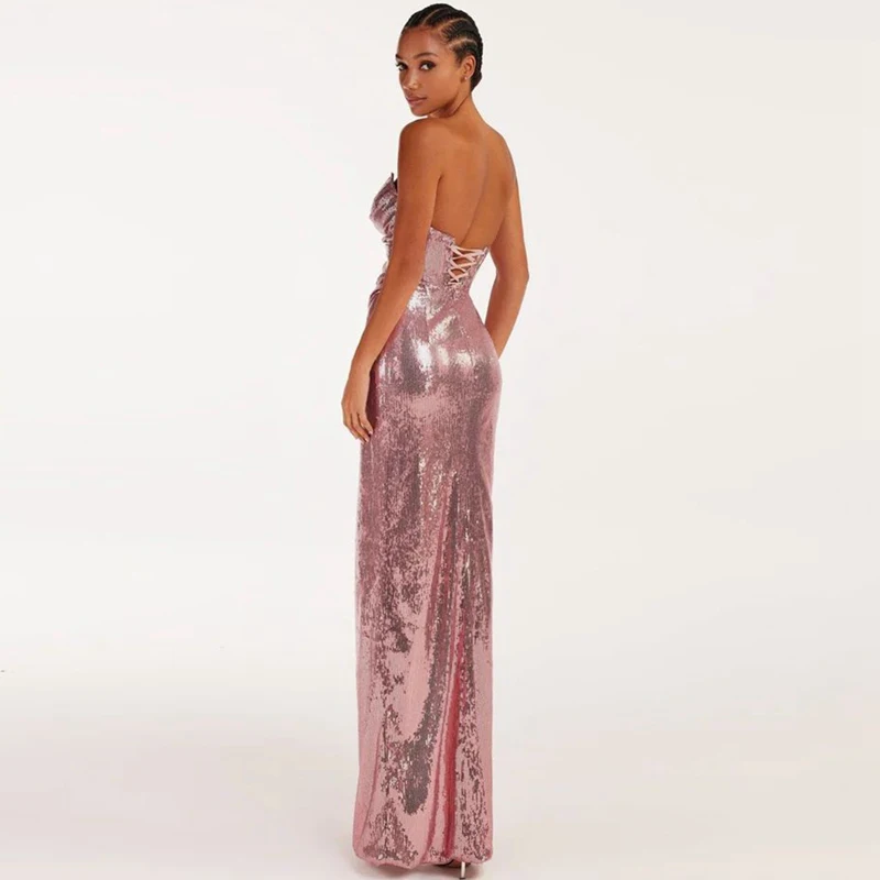 MSMUSI 2024 New Fashion Designer Women Sexy Strapless Sequins Lace Up Draped Sleeveless Bodycon Party Club Slit Maxi Dress Gown