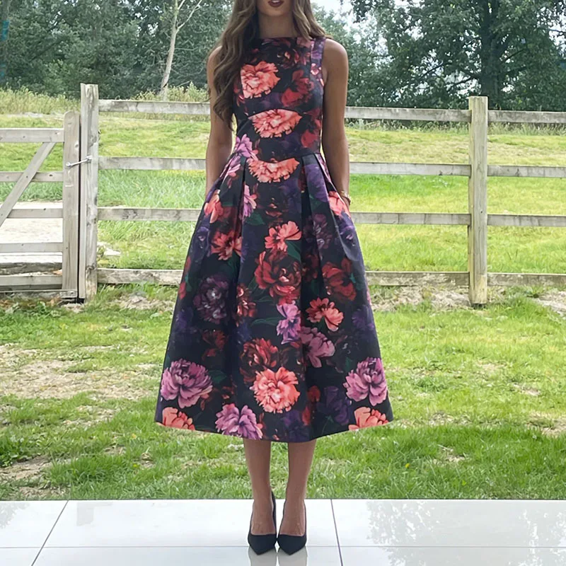 

Women Fashion Sleeveless Party Evening Dress New Spring Chic O-neck Long Dress 2026 Summer Elegant Floral Print A-line Dress