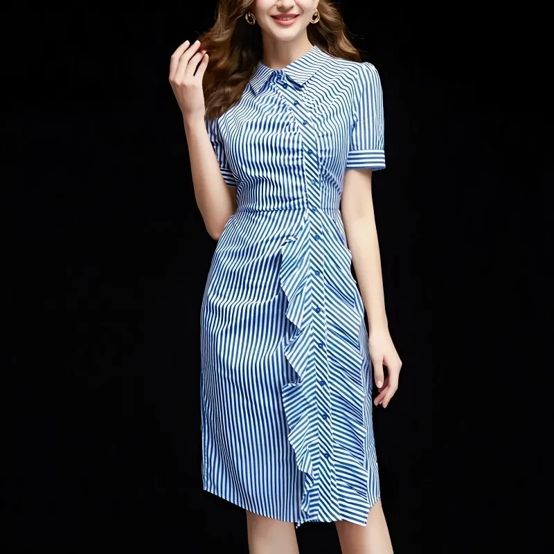 Summer 2023 New Dress Women's Style Slim Fit Striped Shirt Skirt Short Sleeve Waist Shrinking Slim Mid length Dress