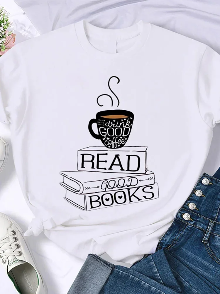 Moda feminina impressão camiseta café & livros camiseta harajuku topos camiseta femme vintage verão menina manga curta topo