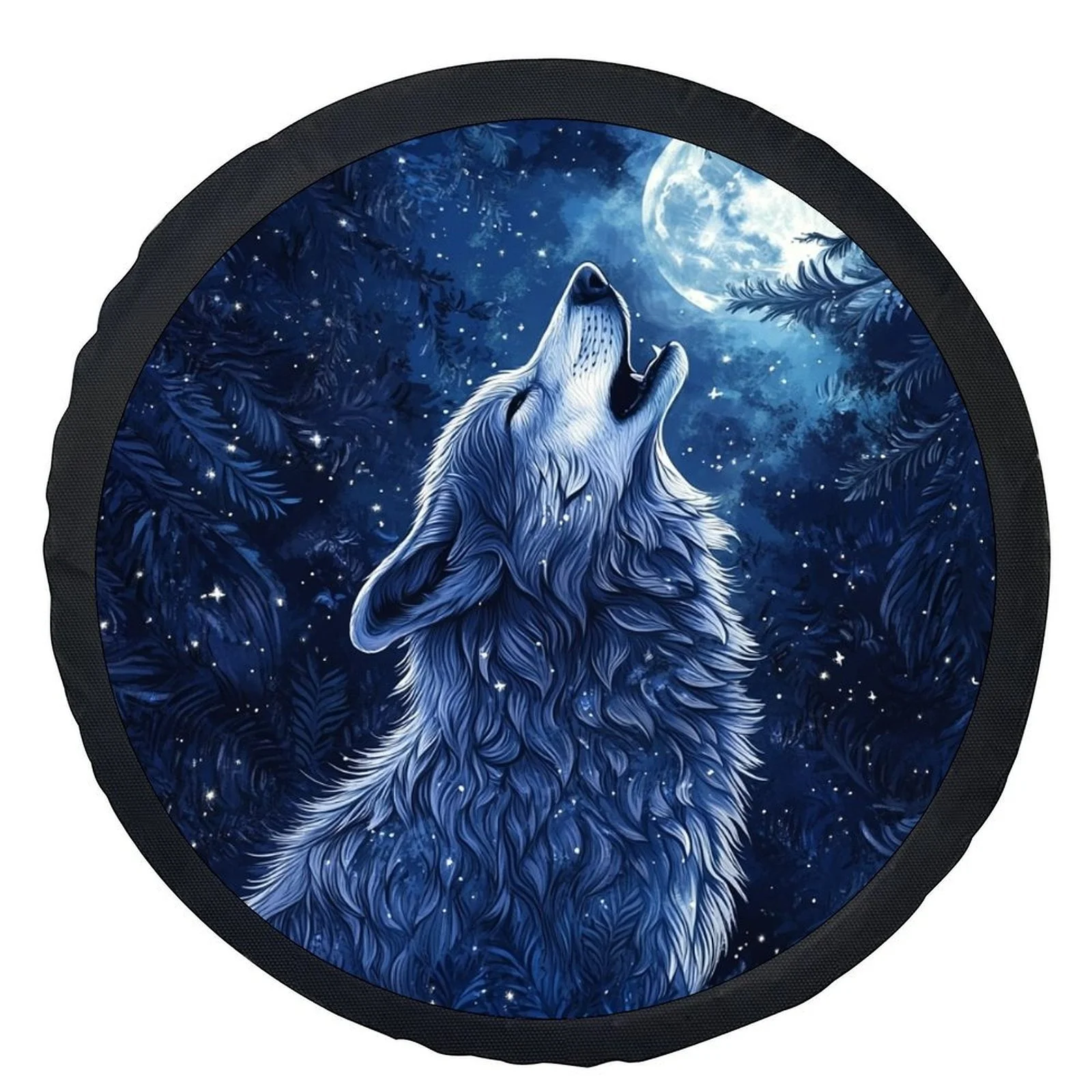 Чехол на колесо Howling Wolf — подходит для автомобильных шин с дизайном Black/Blue Wolf, полнолуние и сосновое дерево, ночное небо — сверхпрочное колесо Pro