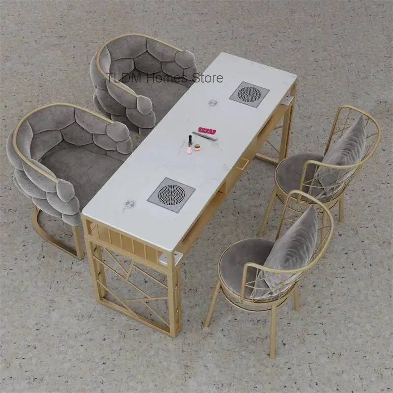 Nordic Luxury Marble Nail Tables with Vacuum Cleaner Socket Fashionable Square Nail Tables Reception Desks Salon Furniture FYMT