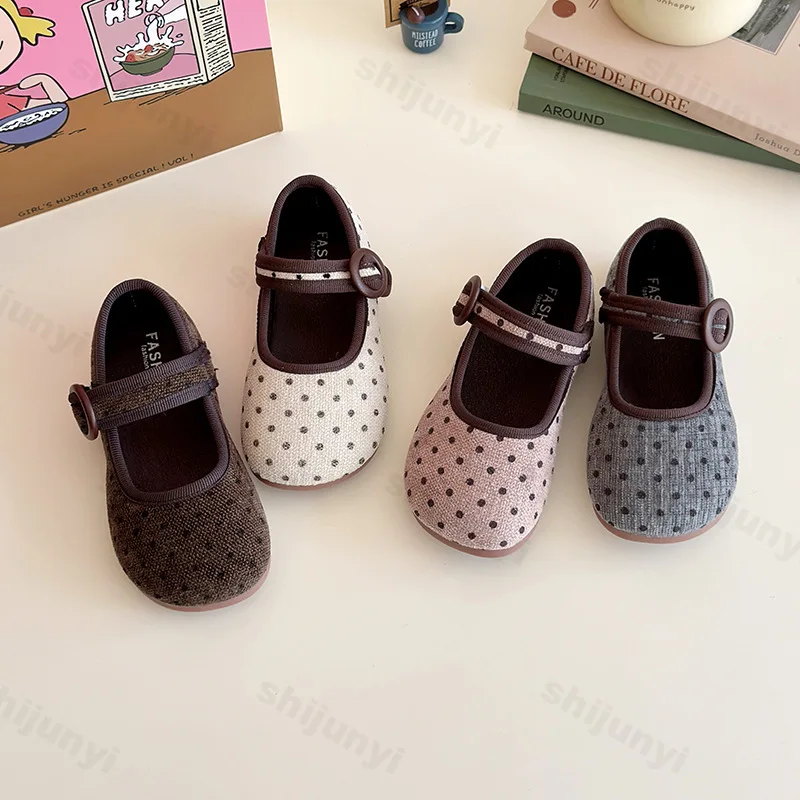 

Girls Princess Flats Shoes New Spring Autumn Retro Polka Dot Velvet Mary Jane Shoes Baby Girls Child Elegant Trendy Dress Shoes
