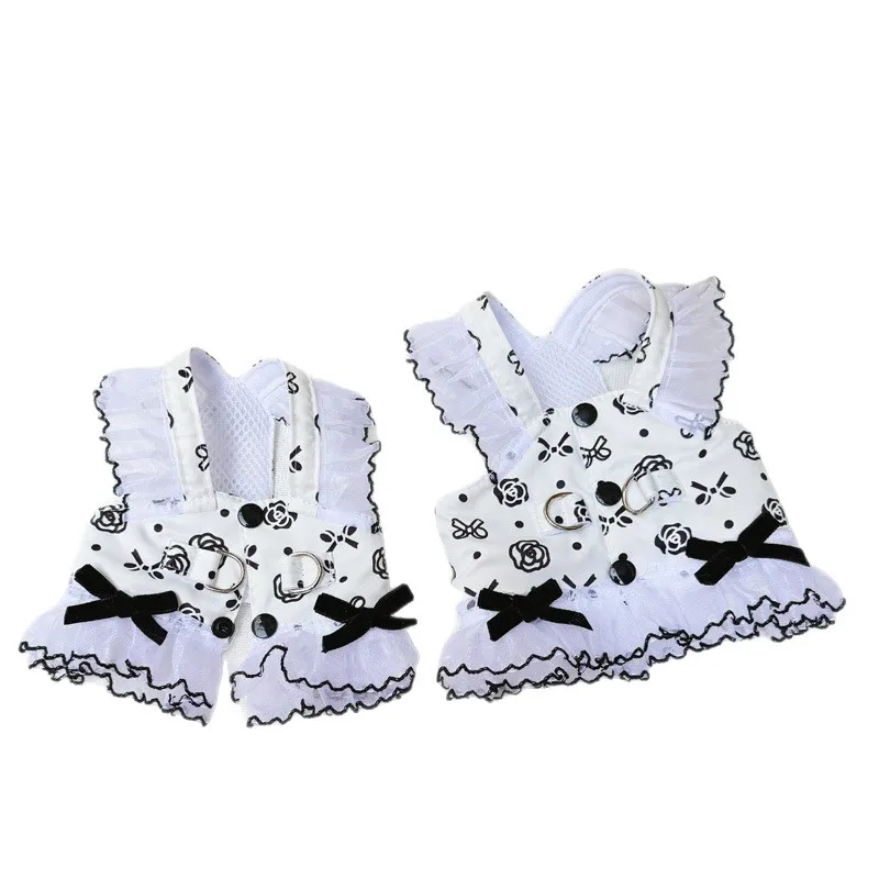Летняя шлейка для собак, белая, черная шлейка с цветочным узором, платье для домашних животных, кошек, белый жилет для щенков, комплект поводков для чихуахуа, йоркширского терьера