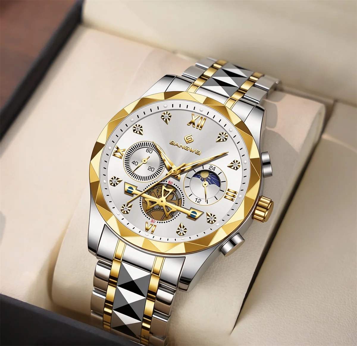 BANGWEI Top High Quality Man Wristwatch Stainless Steel Chronograph Business Men Watch Waterproof Luminous Quartz Men's Watches