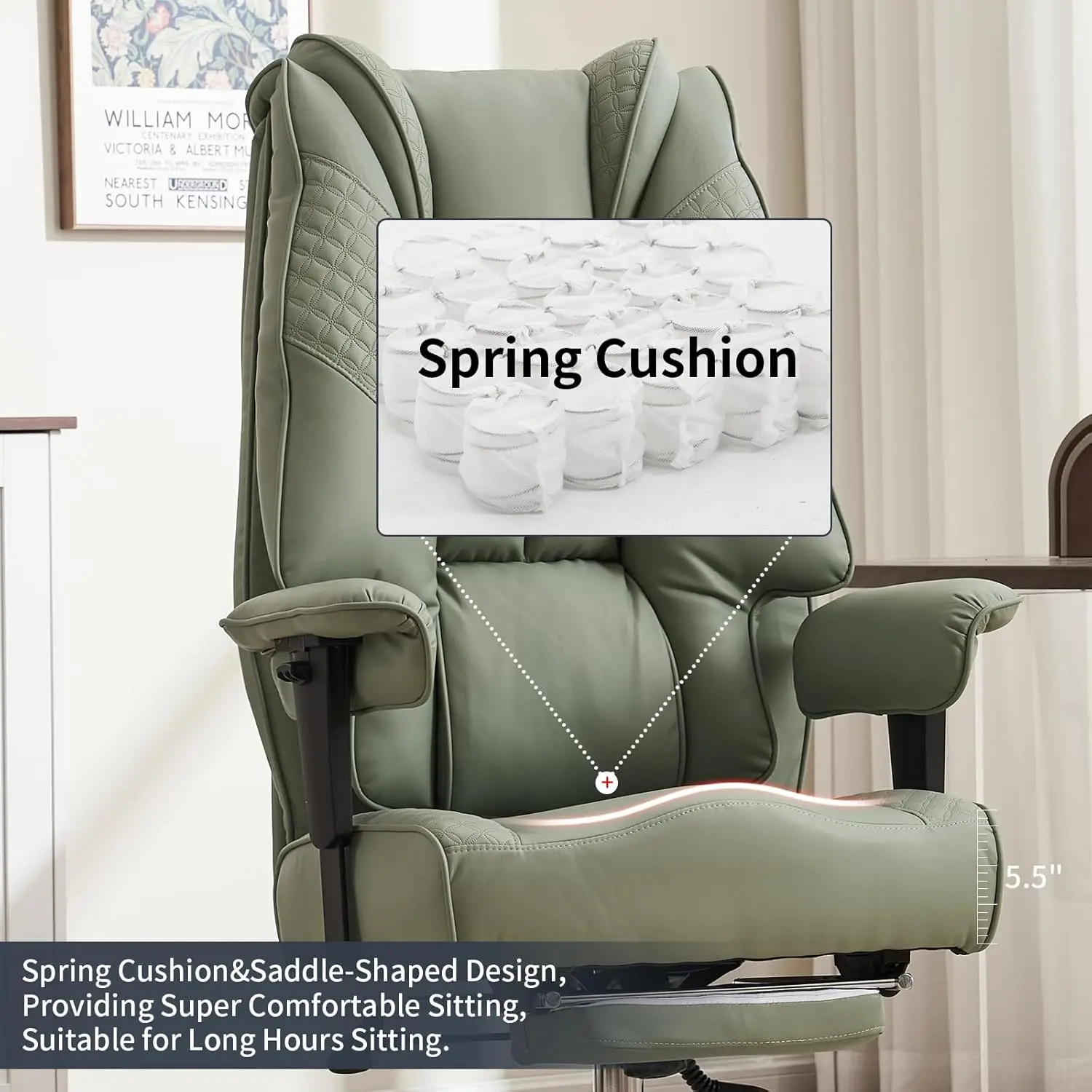 كرسي مكتب مريح عالي الظهر مع مسند للقدمين، مقعد عريض للكبير والطويل، سعة 400 رطل، أخضر فاتح