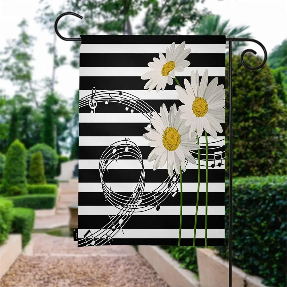 Beabes Daisies Garden Flag Music Notes Beautiful Daisies On White Black Stripe Confetti Field Welcome Yard Flag Banner Garde hhz