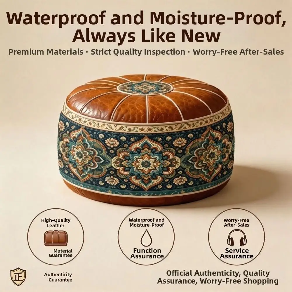 PU Leather Round Ottoman Stool Vintage Style Geometric Bird Pattern Footstool Cover Fillable Round Shape Shoe Changing Stool