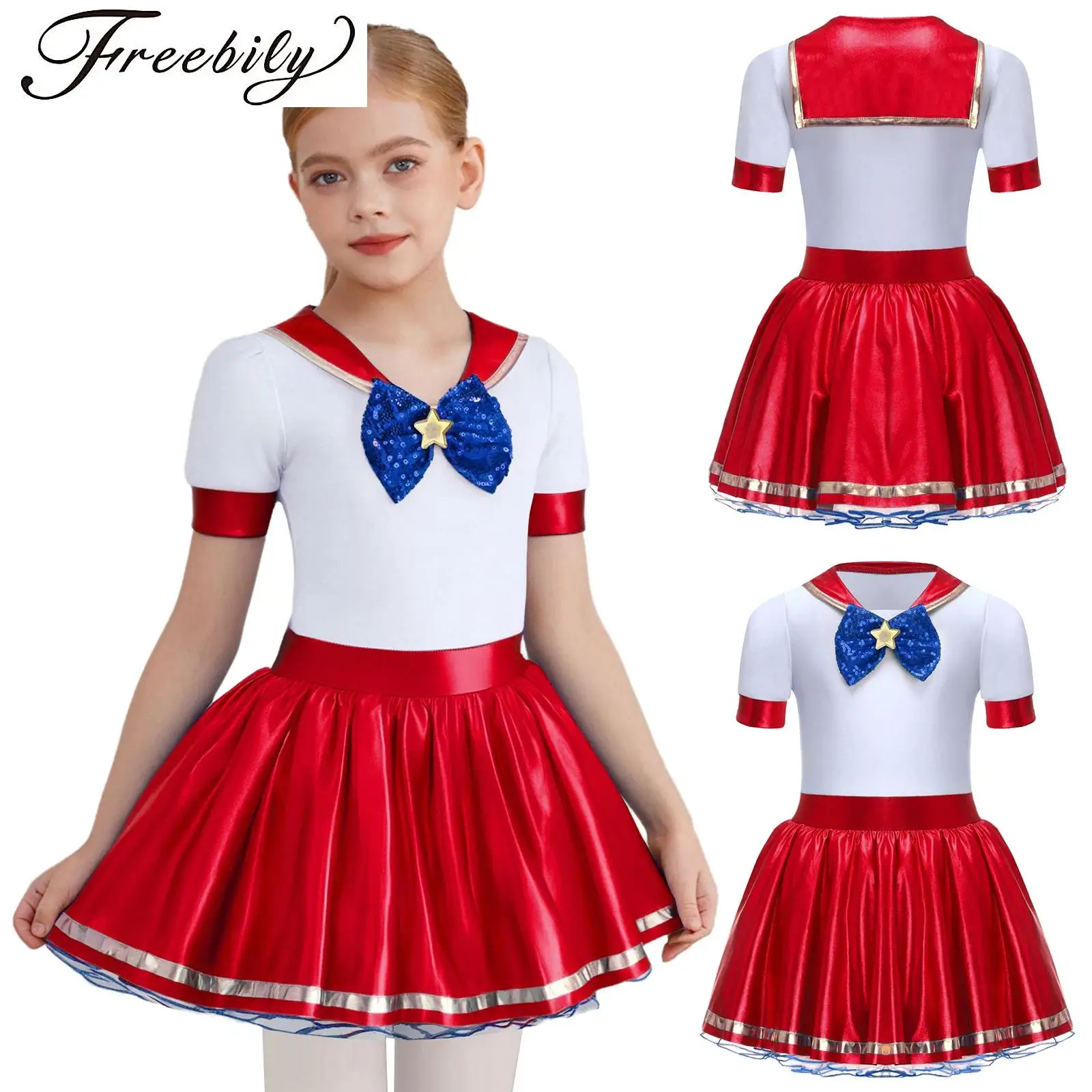 

Girl Metallic Shiny Ballet Tutu Dress Halloween Sailor Cosplay Costume Crew Neck Short Sleeve Puffy Dress Detachable Bow Tie Set