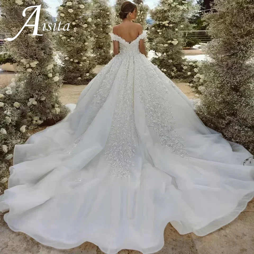 Vestido De baile personalizado, vestidos De Boda De princesa con escote corazón y hombros descubiertos, Vestido De Novia con espalda descubierta y lentejuelas
