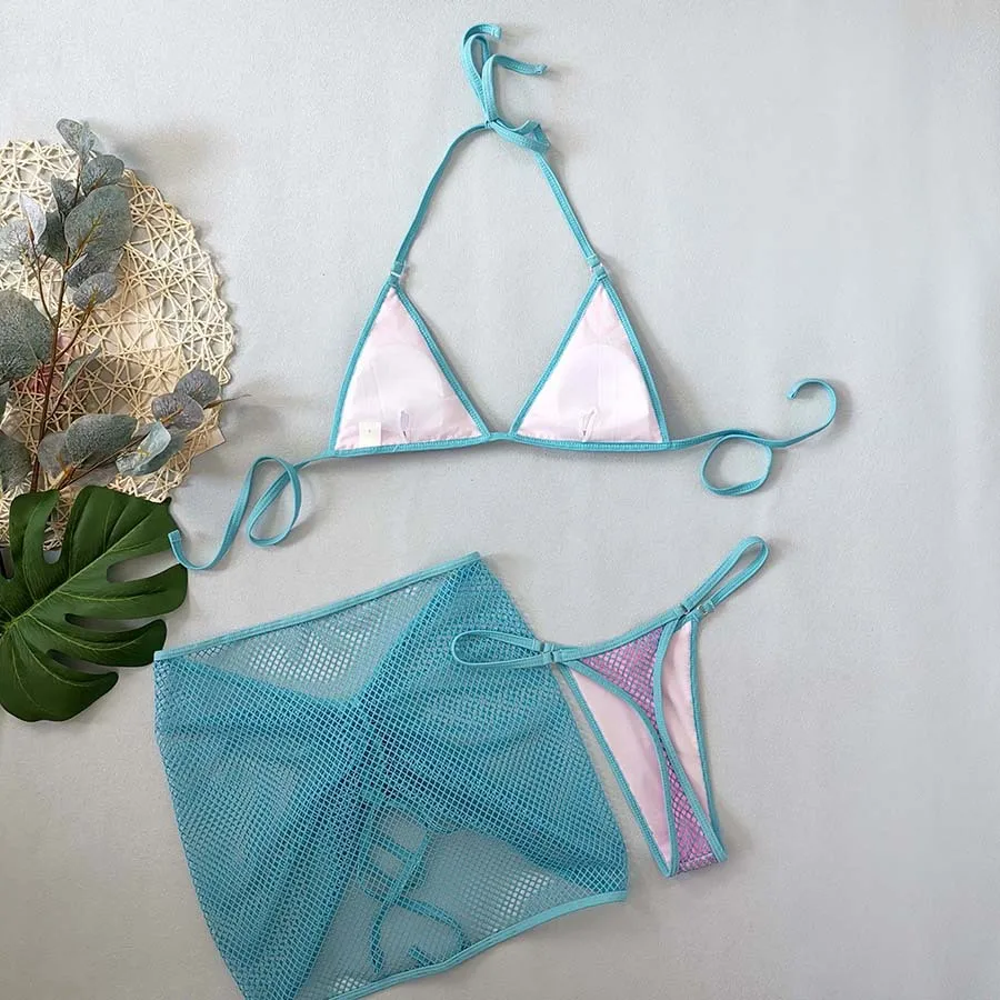 Sexy azul celosía malla Halter Micro Mini Bikinis conjuntos 3 piezas con cordón mini falda traje de baño traje de baño Biquini